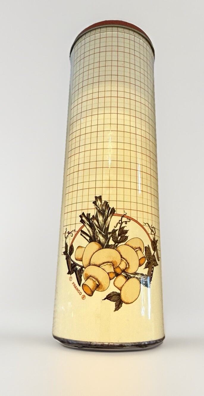 Vintage 1970s Franco Mushroom Cylinder Round Tall Tin Can Canister 11”x3.5”